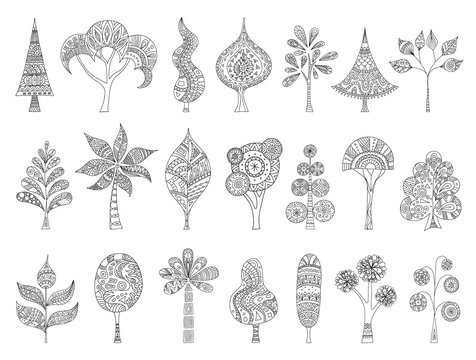 A set of hand-drawn sketches of trees. Vector doodle plant. Zentangle style. A collection of trees to create a forest. Patterns for coloring.