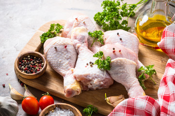 Chicken drumsticks and cooking ingredients. 