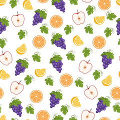 Seamless pattern of grapes, orange, lemon, apple, leaves. Vector illustration