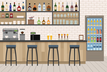 Empty Cafe Bar interior with wooden counter, chairs and equipment. Flat design vector illustration.
