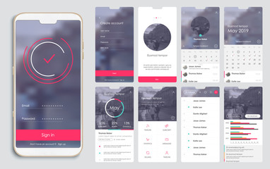 Design of the mobile application, UI, UX. A set of GUI screens with login and password input, home page, news feed, rating and statistics, settings.