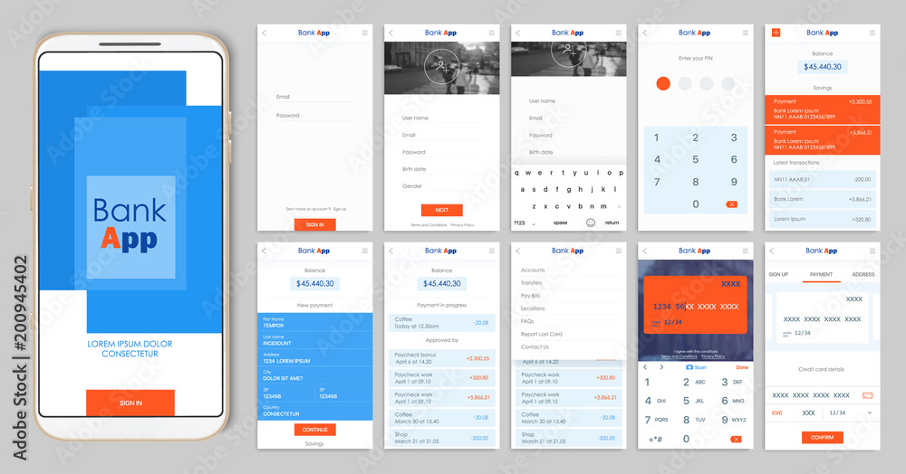 Poster design of the mobile app ui, ux. a set of gui screens for mobile banking
