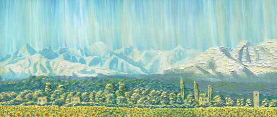 Oil Painting on canvas. Mountain landscape. The ridge at dawn. Clear sky, a village with small houses, trees and a field of sunflowers. Caucasus. Rough texture of big brush strokes.