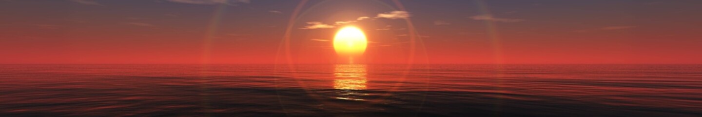 panorama of sea sunset, sea sunrise, light above water, seascape with sun and water, 3D rendering 