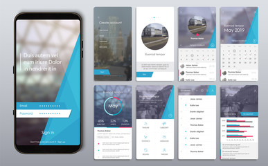 Design of the mobile application, UI, UX. A set of GUI screens with login and password input, home page, news feed, rating and statistics, settings.