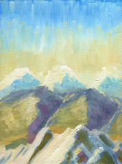 Oil Painting on canvas. Mountain landscape, view from a height. Sunny day with a light haze. In the foreground there is a snow mountain ridge.  Rough texture of large brush strokes.