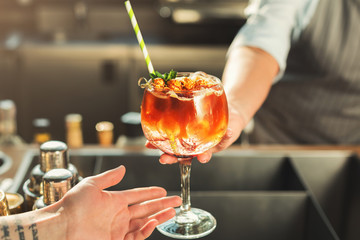 Closeup of alcohol cocktail in cafe