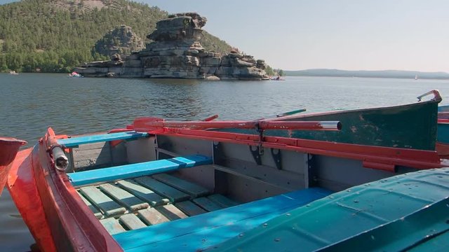 Leisure boat by Lake Borovoe on summer vacation in Kazakhstan