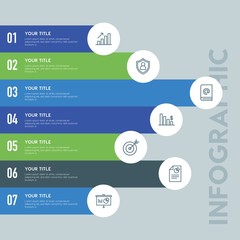 Flat business infographic steps template with 7 options for presentations, advertising, annual reports.