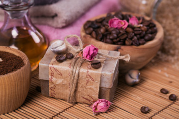 Natural handmade soap, aromatic cosmetic oil, sea salt with coffee beans