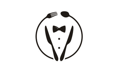 Bow Tie Gentleman Tuxedo Suit Knife Spoon Fork Dinner Restaurant Waiter or Butler logo design