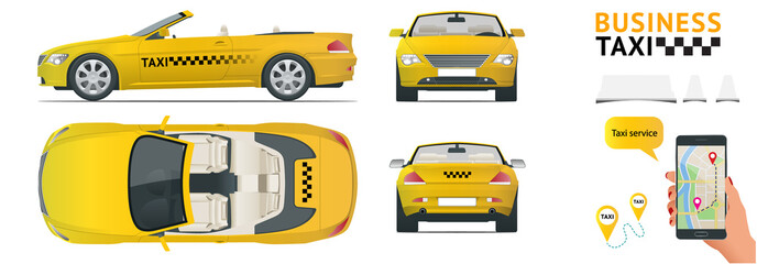 Cabrio Car taxi. Transfer, flat high quality city service transport icon set.Build your own world web infographic collection. Taxi branding mockup. View from side, front, back and top. © Golden Sikorka
