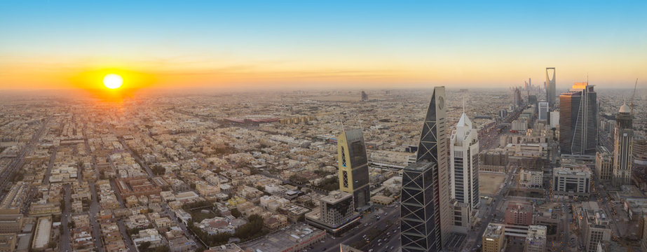Aerial view of Riyadh City, the Capital of Saudi Arabia, on sunset