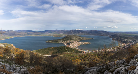 Fototapeta na wymiar Aerial view of Kastoria city and Orestiada lake
