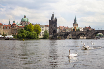 View to the Charles Bridge and St. Nikolaus Church in Prague