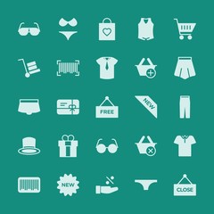 Modern Simple Set of clothes, shopping Vector fill Icons. ..Contains such Icons as new,  template,  code,  t-shirt,  vacation, bag, pants and more on green background. Fully Editable. Pixel Perfect.