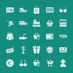 Modern Simple Set of clothes, shopping Vector fill Icons. ..Contains such Icons as  label, call,  card,  love,  internet,  add,  discount and more on green background. Fully Editable. Pixel Perfect.