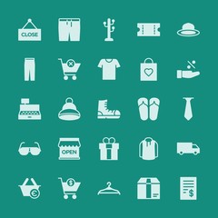 Modern Simple Set of clothes, shopping Vector fill Icons. ..Contains such Icons as  finance,  symbol,  money,  fashion,  euro, invitation and more on green background. Fully Editable. Pixel Perfect.
