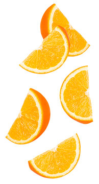 Isolated orange slices. Six falling or flying pieces of orange fruit isolated on white background with clipping path
