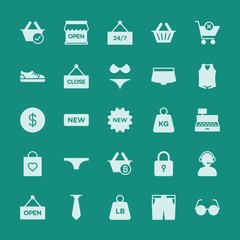 Modern Simple Set of clothes, shopping Vector fill Icons. ..Contains such Icons as banner,  business,  computer,  design,  fitness, new and more on green background. Fully Editable. Pixel Perfect.