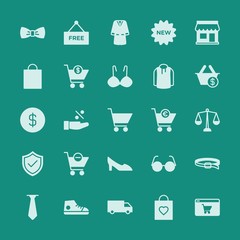 Modern Simple Set of clothes, shopping Vector fill Icons. ..Contains such Icons as  cargo,  belt,  label,  free,  shoes, banner,  sign, tie and more on green background. Fully Editable. Pixel Perfect.