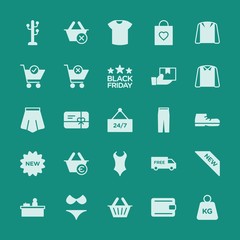 Modern Simple Set of clothes, shopping Vector fill Icons. ..Contains such Icons as  stand, new,  gift, shipping,  label, summer,  vacation and more on green background. Fully Editable. Pixel Perfect.