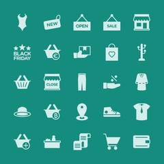 Modern Simple Set of clothes, shopping Vector fill Icons. ..Contains such Icons as retro, shop,  vintage,  shop,  design, cheque, cashier and more on green background. Fully Editable. Pixel Perfect.