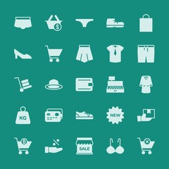 Modern Simple Set of clothes, shopping Vector fill Icons. ..Contains such Icons as  holiday, discount,  isolated,  foot,  delivery,  badge and more on green background. Fully Editable. Pixel Perfect.