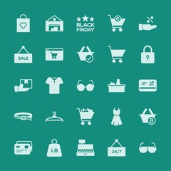 Modern Simple Set of clothes, shopping Vector fill Icons. ..Contains such Icons as storage,  modern,  symbol,  beautiful,  24, friday, bag and more on green background. Fully Editable. Pixel Perfect.