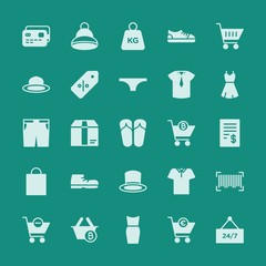 Modern Simple Set of clothes, shopping Vector fill Icons. ..Contains such Icons as  young, service, weight,  payment,  beauty,  cargo,  24 and more on green background. Fully Editable. Pixel Perfect.