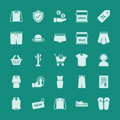 Modern Simple Set of clothes, shopping Vector fill Icons. ..Contains such Icons as  finance,  message,  clothes,  design,  store, casual and more on green background. Fully Editable. Pixel Perfect.