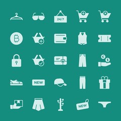 Modern Simple Set of clothes, shopping Vector fill Icons. ..Contains such Icons as  stand,  female,  business,  clothes, basket,  badge and more on green background. Fully Editable. Pixel Perfect.