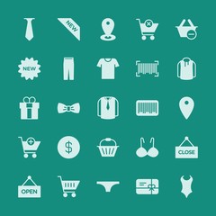 Modern Simple Set of clothes, shopping Vector fill Icons. ..Contains such Icons as discount,  label,  position,  badge,  panties,  location and more on green background. Fully Editable. Pixel Perfect.