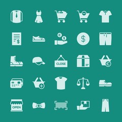 Modern Simple Set of clothes, shopping Vector fill Icons. ..Contains such Icons as  weight, trousers,  tie, cap, shop, fashion,  dress and more on green background. Fully Editable. Pixel Perfect.