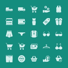 Modern Simple Set of clothes, shopping Vector fill Icons. ..Contains such Icons as button,  style,  buy,  sport,  delivery,  business, bra and more on green background. Fully Editable. Pixel Perfect.