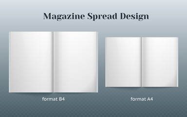Double page spread magazine design. Two isolated templates of the B4 and A4 format. double page vector mockup on gray background. Vector image
