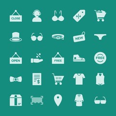 Modern Simple Set of clothes, shopping Vector fill Icons. ..Contains such Icons as  sale, template,  female,  royal, call,  emblem, box and more on green background. Fully Editable. Pixel Perfect.