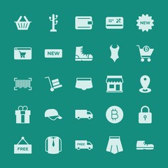 Modern Simple Set of clothes, shopping Vector fill Icons. ..Contains such Icons as service, skirt,  leather, banner,  market,  woman,  foot and more on green background. Fully Editable. Pixel Perfect.
