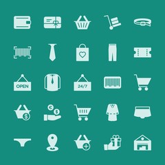 Modern Simple Set of clothes, shopping Vector fill Icons. ..Contains such Icons as  leather,  basket,  market, map,  buy,  present,  emblem and more on green background. Fully Editable. Pixel Perfect.