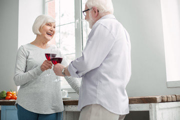 Fototapeta premium Pleasant celebration. Delighted happy senior couple smiling to each other while clinking glasses with wine