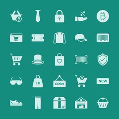 Modern Simple Set of clothes, shopping Vector fill Icons. ..Contains such Icons as  object,  shipping,  pants,  finance, lock,  isolated and more on green background. Fully Editable. Pixel Perfect.