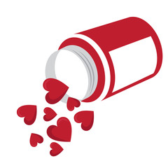 heart shaped tablets pouring out of the overturned bottle. love pills concept vector illustration