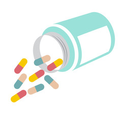 two kind colorful pills spilling from overturned bottle. vector format illustration.
