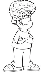 Black and white illustration of a boy wearing a brain hat.