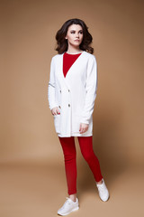 Sexy beauty woman pretty face tan skin wear lilac silk dress long skinny body shape makeup cosmetic...