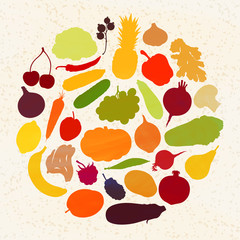 Silhouettes of vegetables and fruits form a circle. Vector illustration. Vintage. A set of graphic elements on the theme of harvesting.