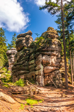 Landscape view of a rock formations near The Ostas table mountain. The national nature reserve Adrspach-Teplice Rocks, Czech republic, Europe.