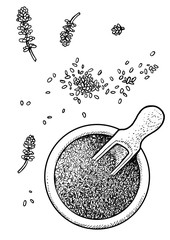 Dried lavender in a bowl illustration, drawing, engraving, ink, line art, vector
