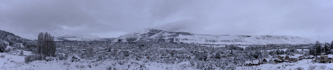 Panorama of Esquel in Patagonia after snowstorm