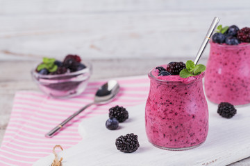 Berry smoothie, healthy detox yogurt drink, diet or vegan food concept